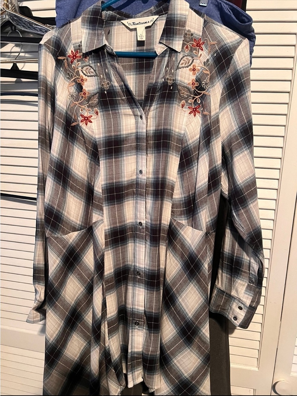 Tantrums Plaid Long Sleeve Button-Front Shirt with Contrast Embroidery XL